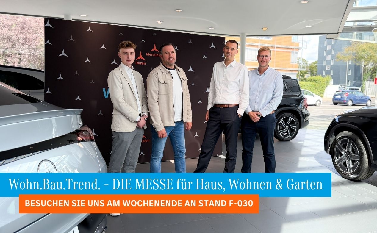 Vom 25. bis 27. September 2026 findet die Wohn.Bau.Trend. auf dem Annakirmesplatz in Düren statt. Auch die Autohaus Herten Gruppe ist dabei: Erleben Sie schicke Fahrzeuge von Mercedes-Benz, wie die V-Klasse Marco Polo oder den GLC EQ.